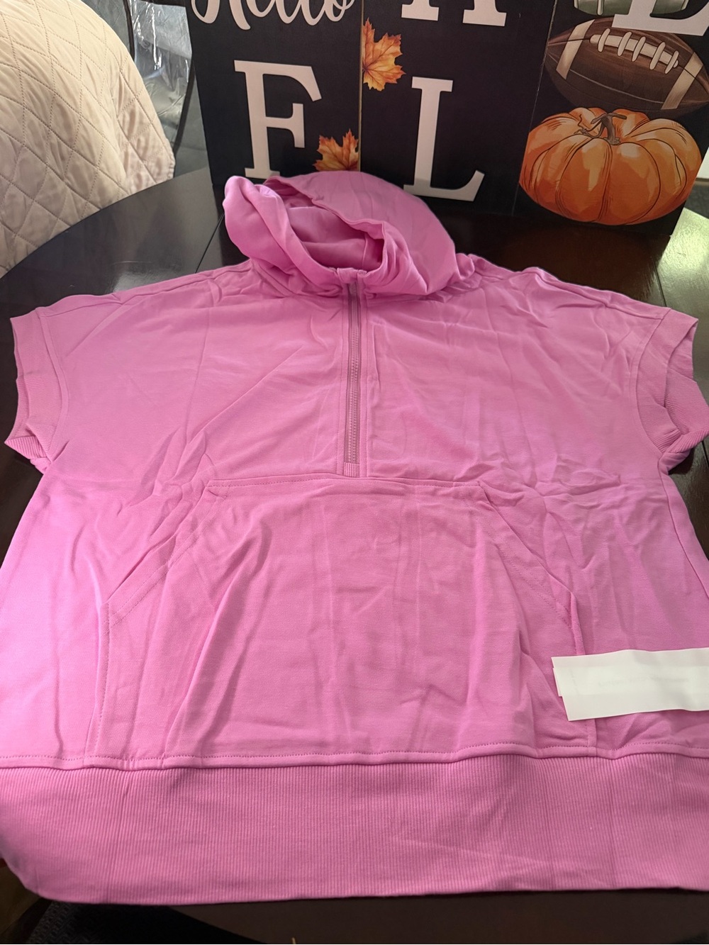 NIP Fisoew Women's Oversized Half Zip Short Sleeve Hoodie Sweatshirt Pink [M]